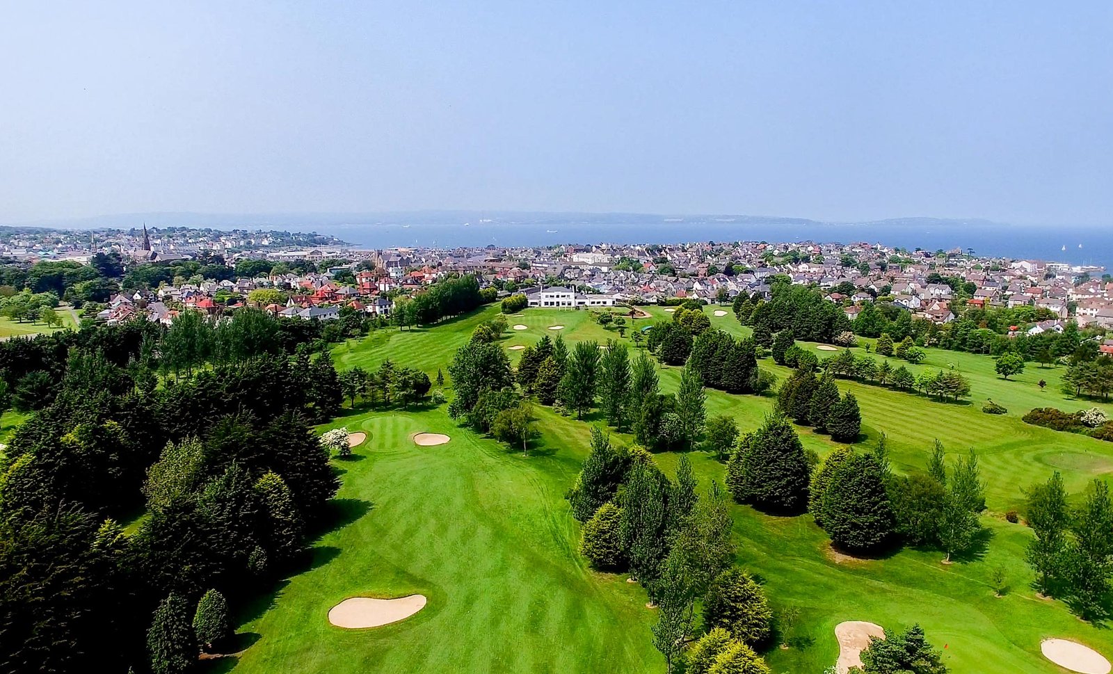 Aerial view of Bangor Golf Club overlooking the town and Belfast Lough
