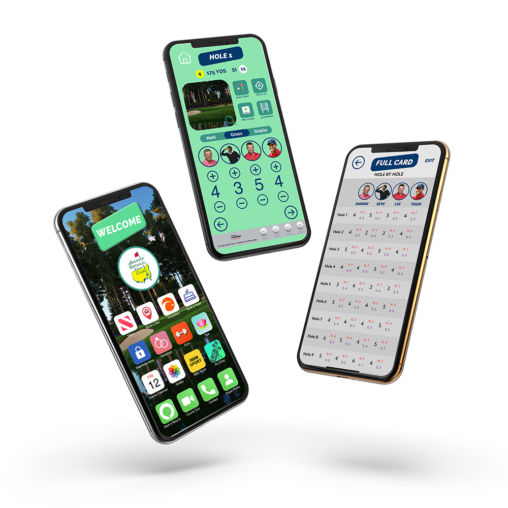 Three iPhone screens showing the MyCaddie app welcome, scoring and full-card views
