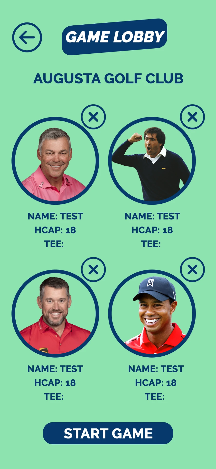 MyCaddie game lobby with player lineup