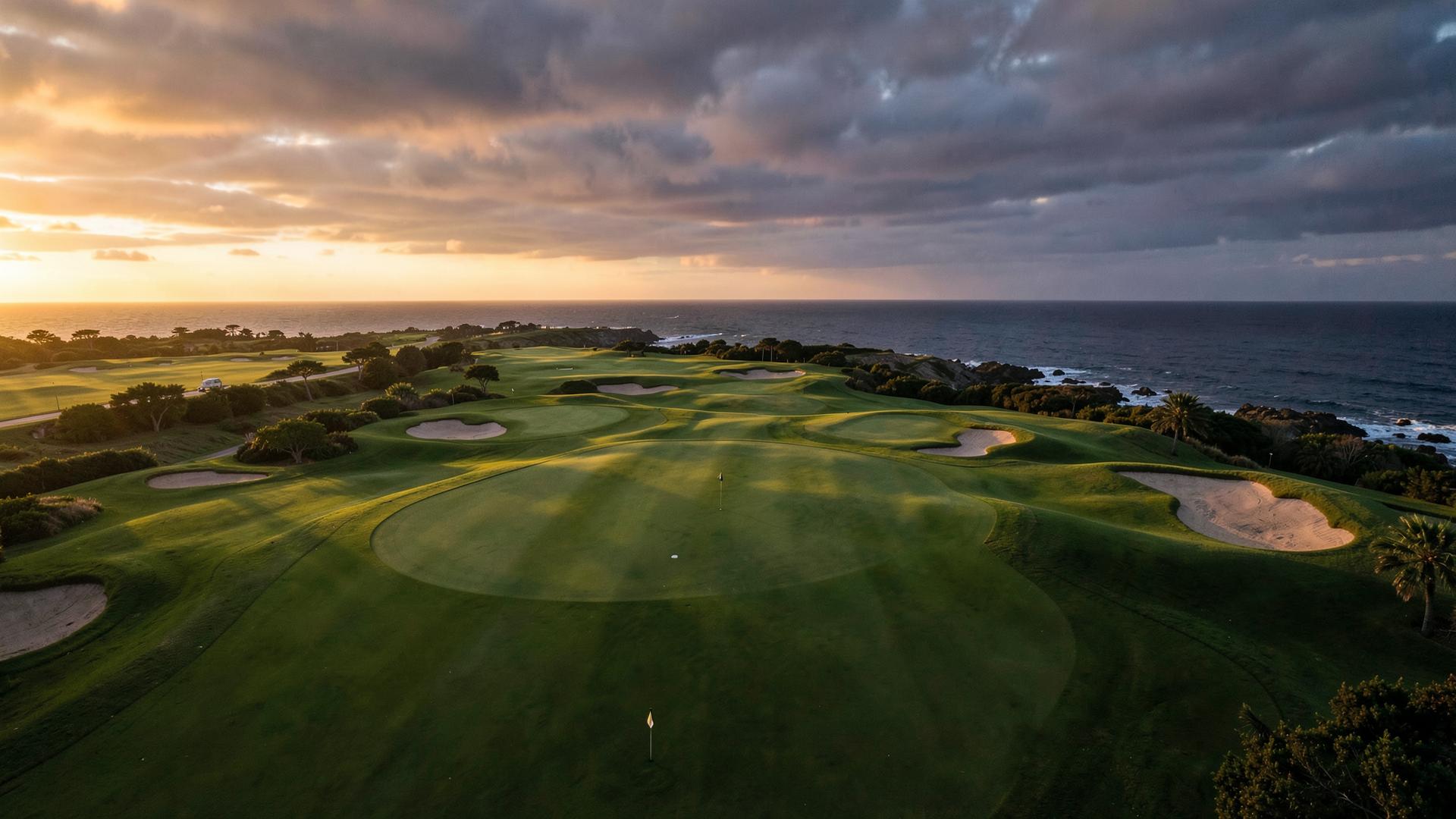Aerial view of a coastal golf course at golden hour